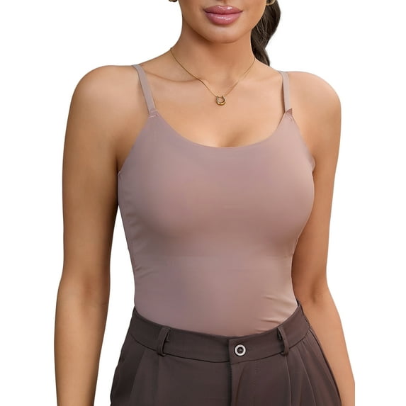 INSPIRE CHIC Women's Tummy Control Ice Silk Shapewear Camisole Body Shaper Cami Vest with Built in Bra M Brown