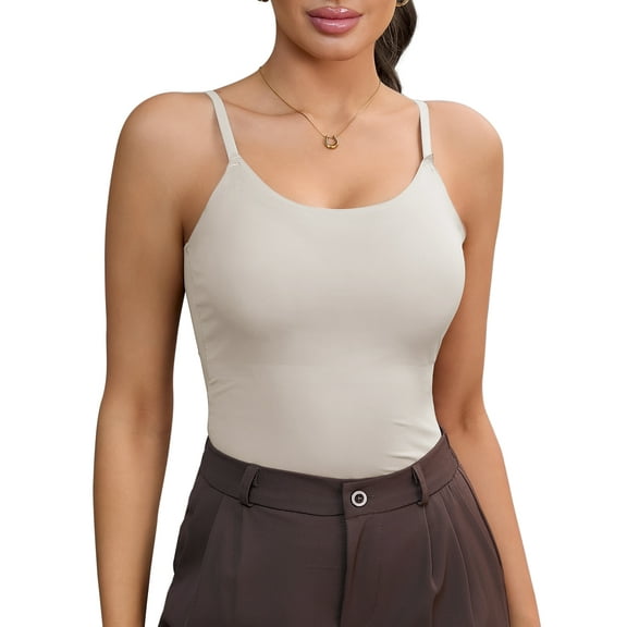 INSPIRE CHIC Women's Tummy Control Ice Silk Shapewear Camisole Body Shaper Cami Vest with Built in Bra M Khaki