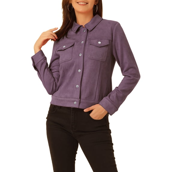 INSPIRE CHIC Women's Turn-Down Collar Flap Pockets Snap Button Faux Suede Jacket XL Gray Purple