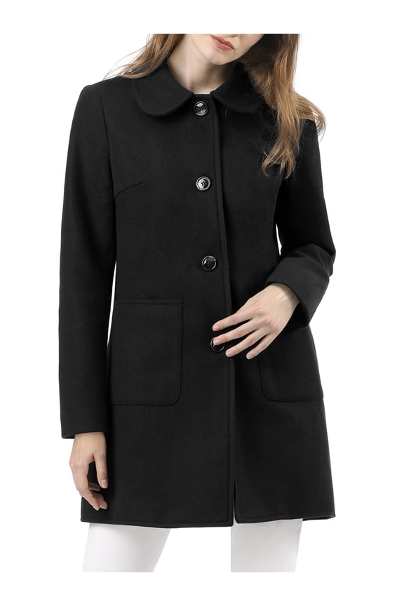 Women's Turn Down Collar Single Breasted Winter Mid Length Overcoat L Black