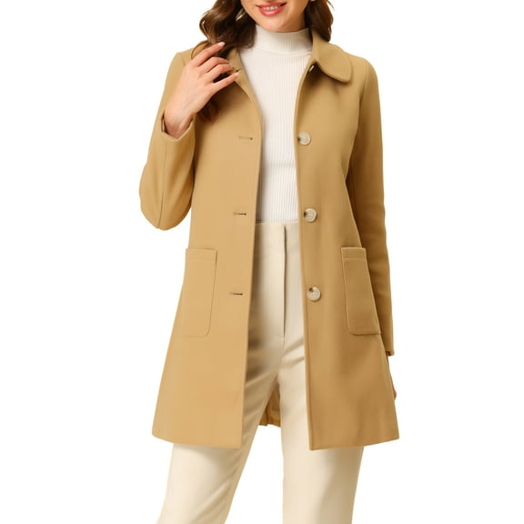 INSPIRE CHIC Women's Turn Down Collar Single Breasted Winter Mid Length Overcoat L Khaki