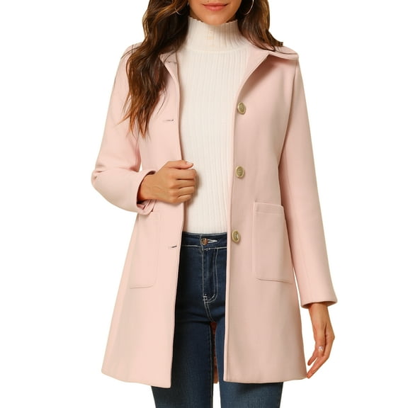 INSPIRE CHIC Women's Turn Down Collar Single Breasted Winter Mid Length Overcoat L Pink