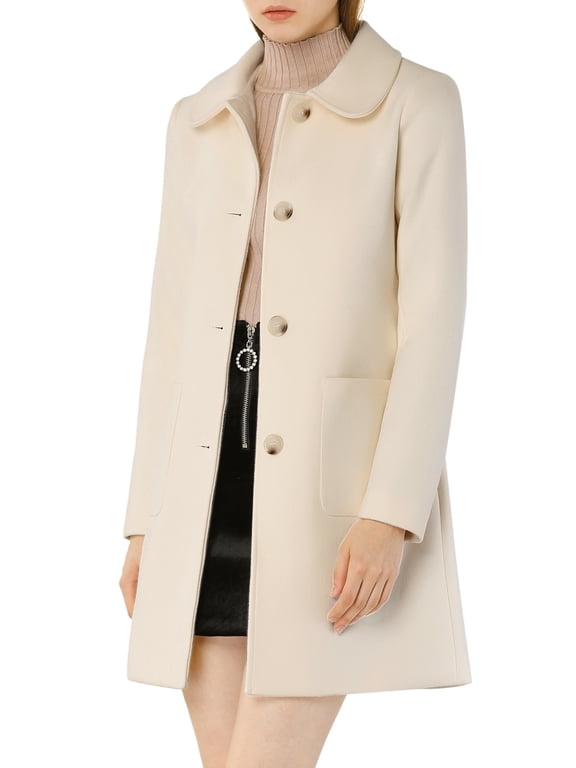 Women's Turn Down Collar Single Breasted Winter Mid Length Overcoat S Cream White