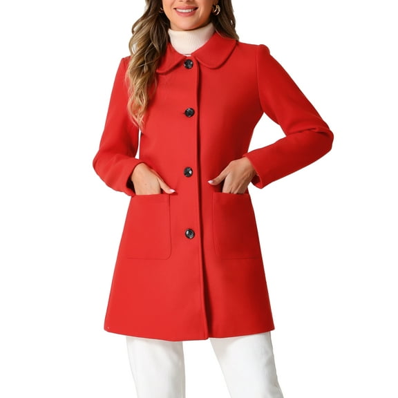 INSPIRE CHIC Women's Turn Down Collar Single Breasted Winter Mid Length Overcoat S Red