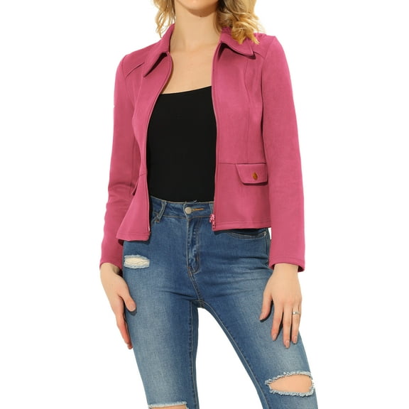 INSPIRE CHIC Women's Turn Down Collar Zip Up Faux Suede Motorcycle Short Jacket M Red