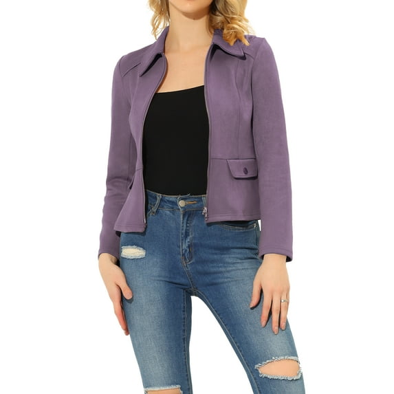 INSPIRE CHIC Women's Turn Down Collar Zip Up Faux Suede Motorcycle Short Jacket XL Grey Purple