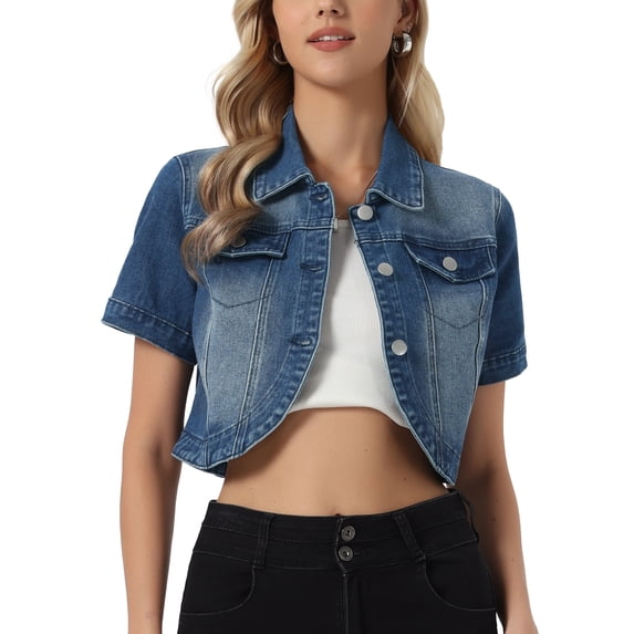 INSPIRE CHIC Women's Turndown Collar Short Sleeve Washed Denim Cropped Jean Jacket Vintage Blue S