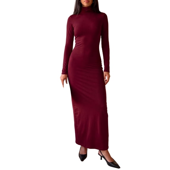 INSPIRE CHIC Women's Turtleneck Dress Casual Party Club Slim Fit Long Sleeve Medium Burgundy