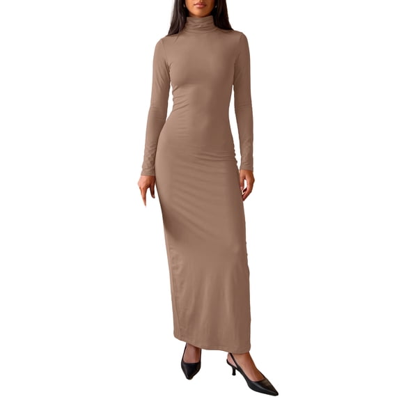 INSPIRE CHIC Women's Turtleneck Dress Casual Party Club Slim Fit Long Sleeve Small Beige