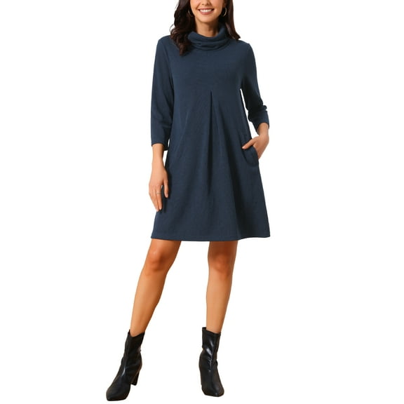 INSPIRE CHIC Women's Knit Dress 3/4 Sleeve Loose Turtleneck Pullover Sweater Fall Winter Mini Dress with Pockets L Dark Blue