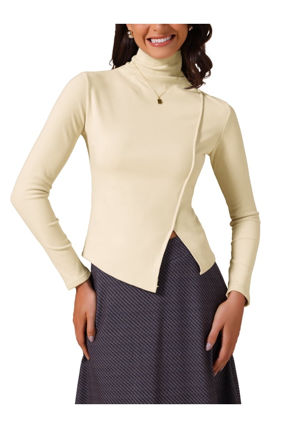 Women's Turtleneck Knit Top Asymmetric Slim Fit Basic Thermal Shirts L Beige