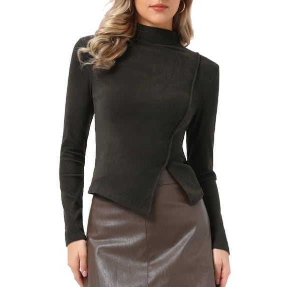 INSPIRE CHIC Women's Turtleneck Knit Top Asymmetric Slim Fit Basic Thermal Shirts M Dark Grey