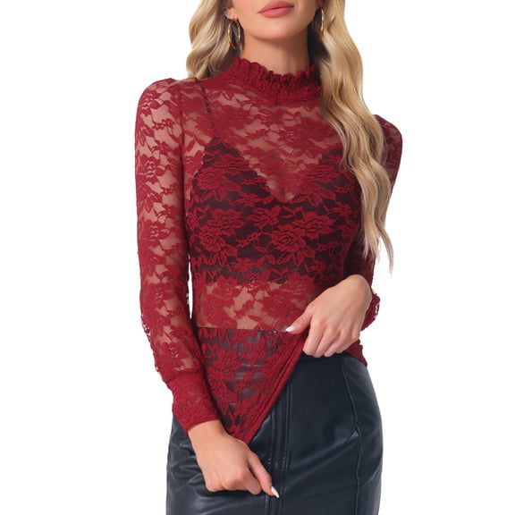 INSPIRE CHIC Women's Turtleneck Long Sleeve Mesh Semi Sheer Lace Floral Blouse Top M Crimson