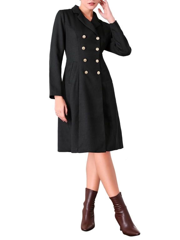 Women's Tweed Blazer Dress Collared Double Breasted A-Line Formal Work Dresses M Black