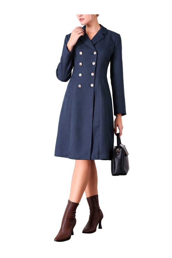 Women's Tweed Blazer Dress Collared Double Breasted A-Line Formal Work Dresses M Navy Blue