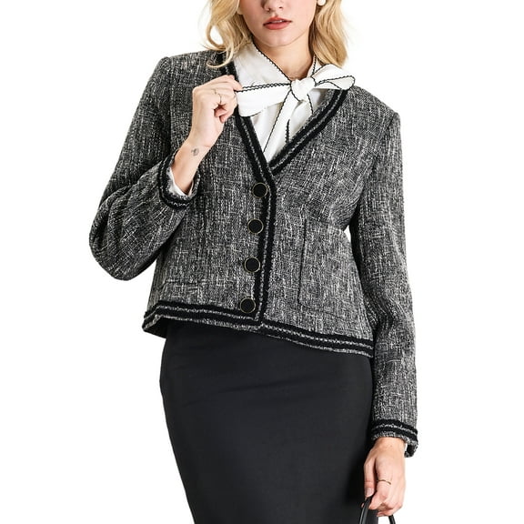 INSPIRE CHIC Women's Tweed Blazer Long Sleeve Work Office Short Jacket XL Dark Grey