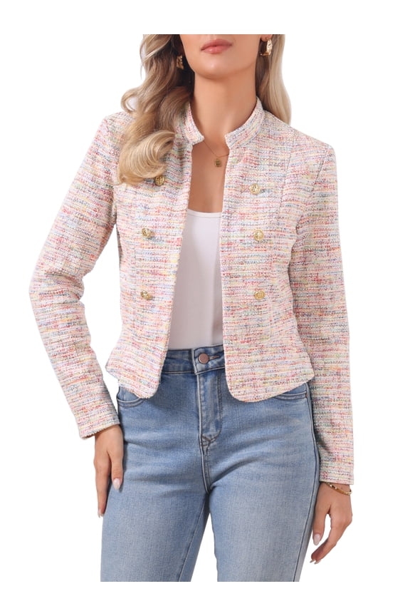 Easter Style Women's Tweed Blazer Stand Collar Cropped Open Front Jacket L Multicolor