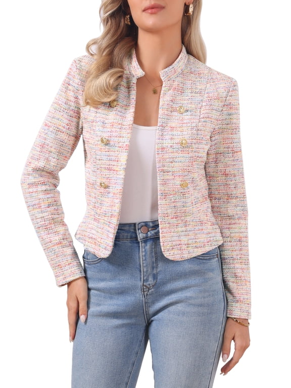 Women's Tweed Blazer Stand Collar Cropped Open Front Jacket M Multicolor