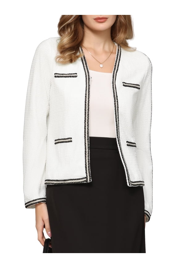 Women's Tweed Cardigan Long Sleeve Open Front Business Casual Knit Jacket for Dress L White