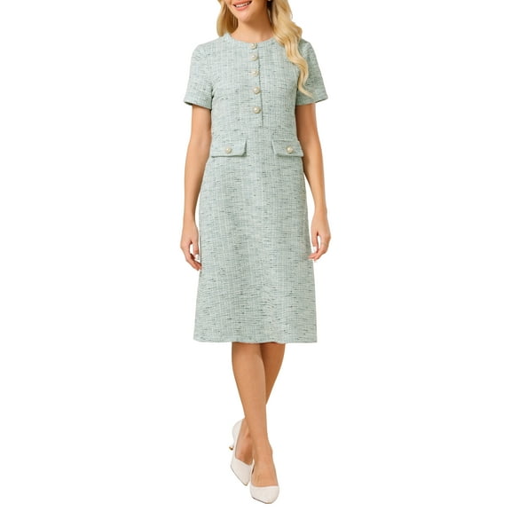 INSPIRE CHIC Women's Tweed Dress Button Decor Short Sleeve Elegant Work Sheath Dress S Blue Green