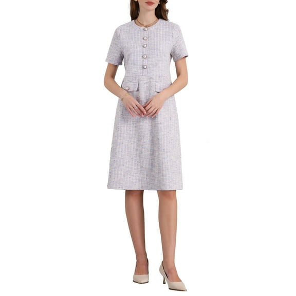 INSPIRE CHIC Women's Tweed Dress Button Decor Short Sleeve Elegant Work Sheath Dress S Purple
