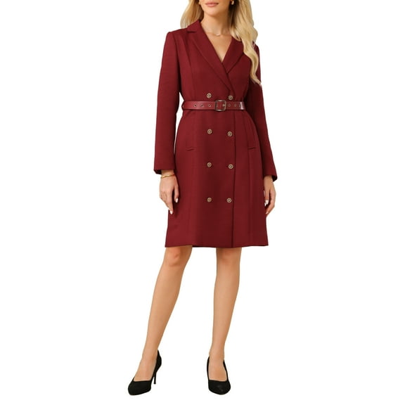 INSPIRE CHIC Women's Tweed Dress Double Breasted Long Sleeve Blazer Dress with Belt M Red