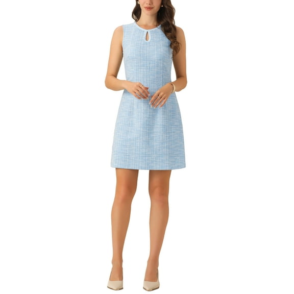 INSPIRE CHIC Women's Tweed Dress Keyhole A-Line Sleeveless Casual Work Dresses L Light Blue
