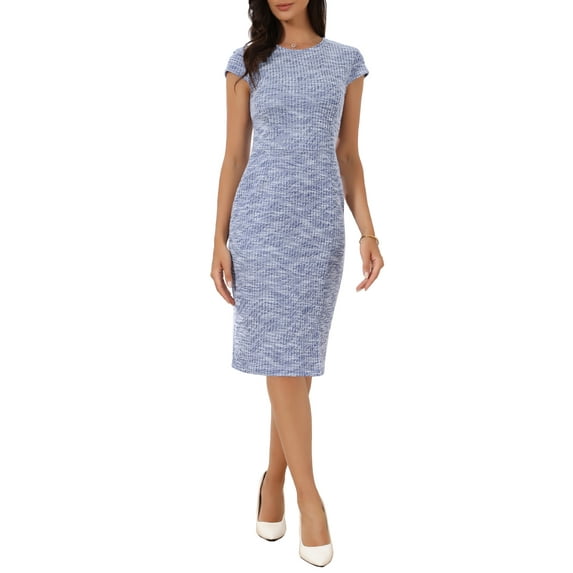 INSPIRE CHIC Women's Tweed Elegant Dress Crew Neck Cap Sleeve Vintage Bodycon Midi Dresses L Royal Blue