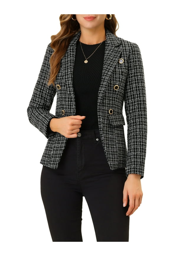 Women's Tweed Jackets Notched Lapel Long Sleeve Open Front Plaid Tweed Blazer L Black Sparkly