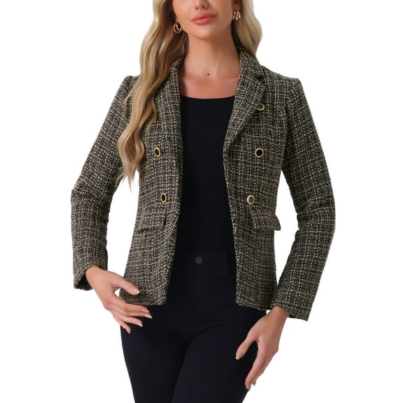 INSPIRE CHIC Women's Tweed Jackets Notched Lapel Long Sleeve Open Front Plaid Tweed Blazer L Khaki Black
