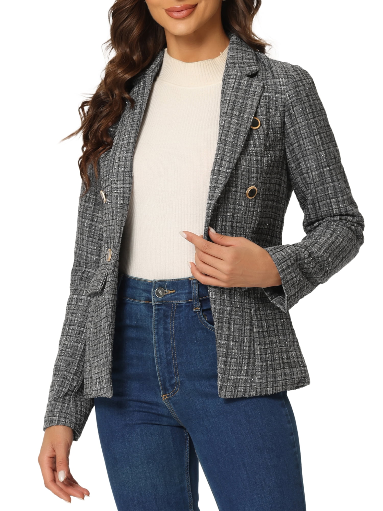 Lapel Knit Long casual Tweed Plaid Jacket main image 1