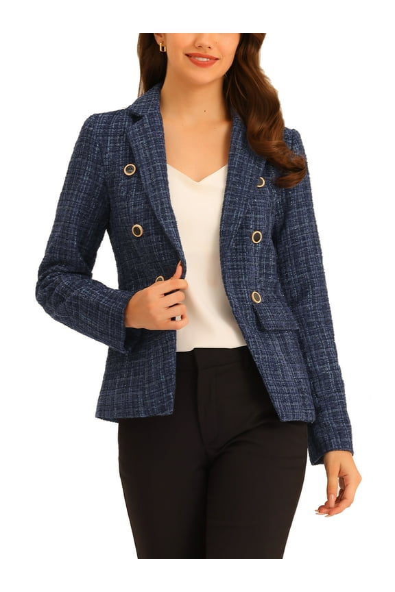 Women's Tweed Jackets Notched Lapel Long Sleeve Open Front Plaid Tweed Blazer XL Dark Blue Sparkly