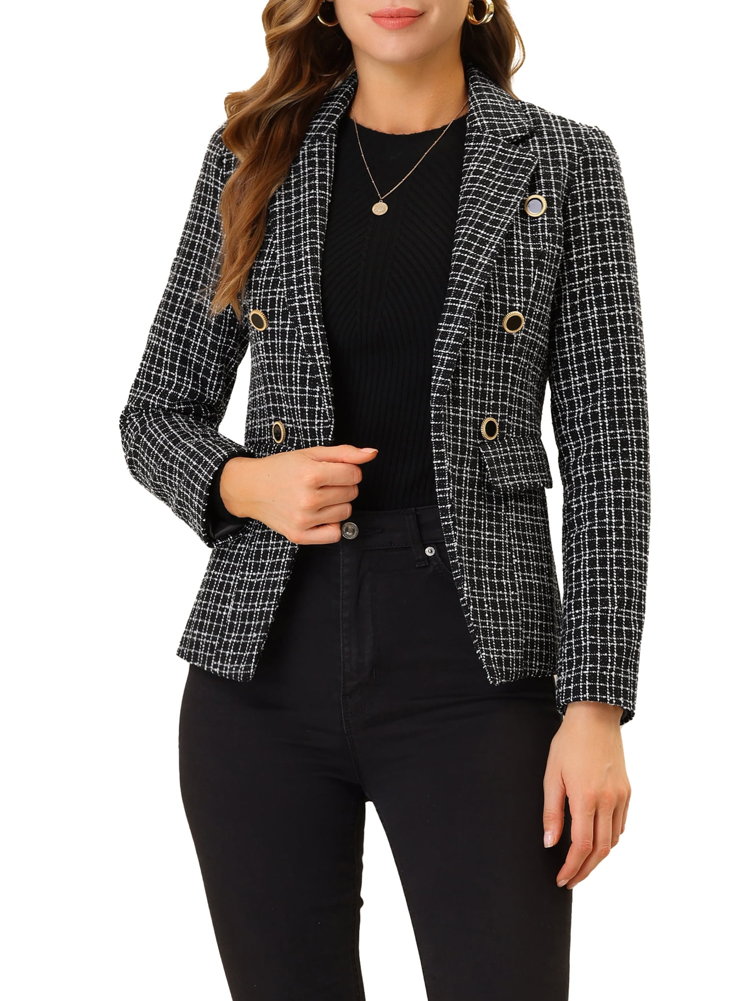 Women’s Blazer – Cropped Tweed – Structured Fit – Round Neck – Button Front