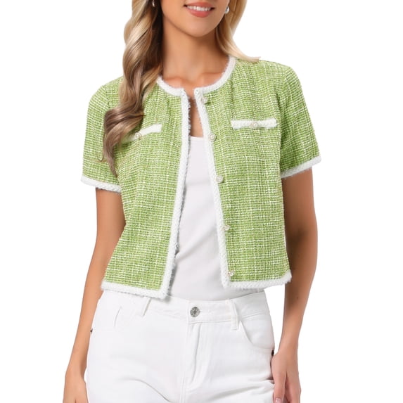INSPIRE CHIC Women's Tweed Knit Jacket Short Sleeve Crew Neck Cropped Cardigan Green L