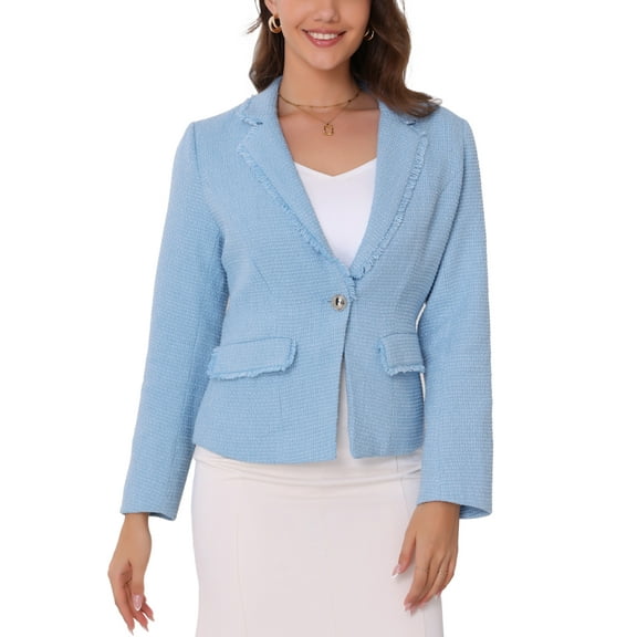 INSPIRE CHIC Women's Tweed Open Front Casual Elegant Work Suit Christmas Pocket Blazer S Blue