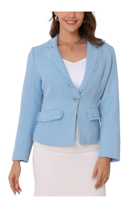 Women's Tweed Open Front Casual Elegant Work Suit Christmas Pocket Blazer S Blue