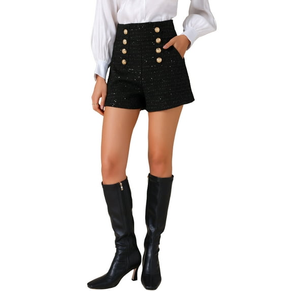 INSPIRE CHIC Women's Tweed Plaid Shorts Button Front High Waist Wide Legs Office Elegant Pants S Black