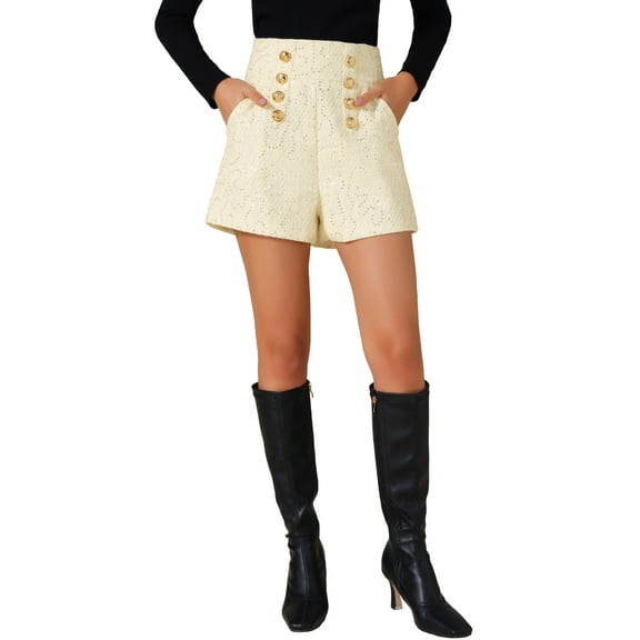 INSPIRE CHIC Women's Tweed Plaid Shorts Button Front High Waist Wide Legs Office Elegant Pants S Coffee White