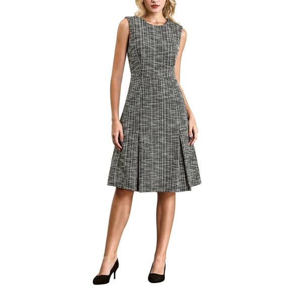 INSPIRE CHIC Women's Tweed Round Neck Knee Length Sleeveless Work A-Line Dress 2XL Black Beige
