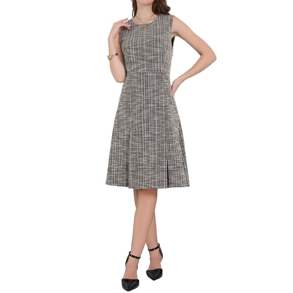 INSPIRE CHIC Women's Tweed Round Neck Knee Length Sleeveless Work A-Line Dress L Khaki Beige