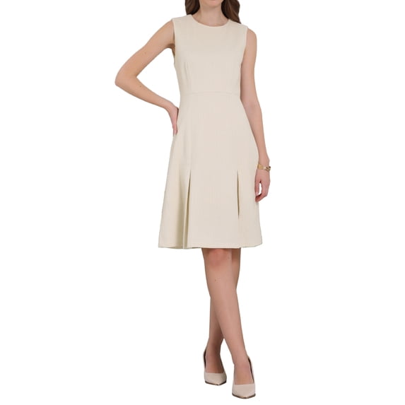 INSPIRE CHIC Women's Tweed Round Neck Knee Length Sleeveless Work A-Line Dress L Yellow