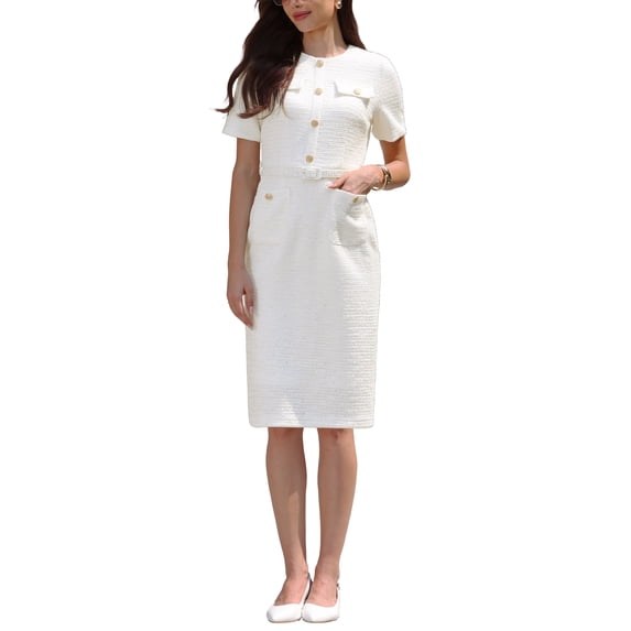 INSPIRE CHIC Women's Tweed Sheath Dress with Belted Short Sleeve Work 2026 Pencil Dress L Beige White