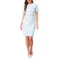 thumbnail image 1 of INSPIRE CHIC Women's Tweed Sheath Dress with Belted Short Sleeve Work 2026 Pencil Dress L Blue White, 1 of 5