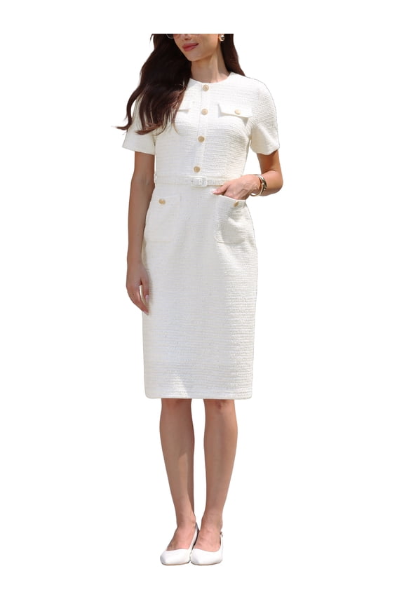 Women's Tweed Sheath Dress with Belted Short Sleeve Work 2026 Pencil Dress M Beige White