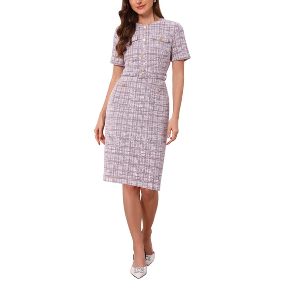 INSPIRE CHIC Women's Tweed Sheath Dress with Belted Short Sleeve Work 2026 Pencil Dress S Grey Pink