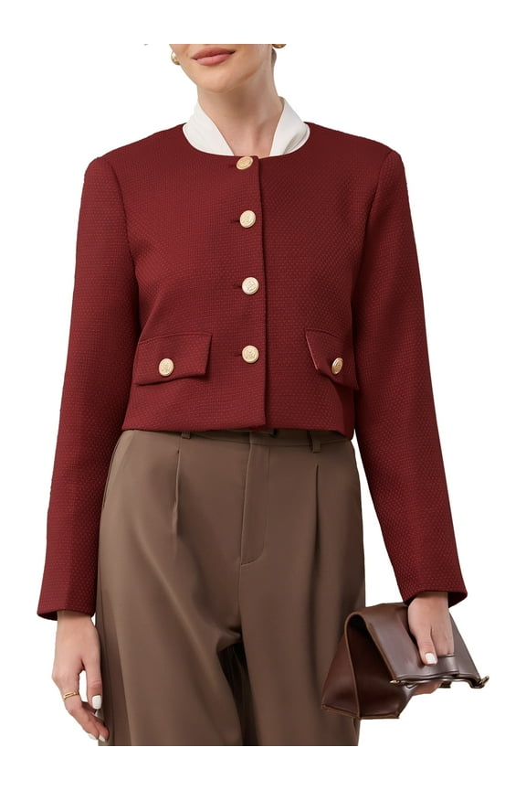 Women's Tweed Short Jacket Collarless Button Down Long Sleeve Work Office Cropped Blazer M Dark Red