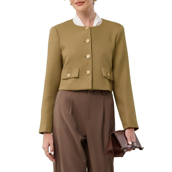INSPIRE CHIC Women's Tweed Short Jacket Collarless Button Down Long Sleeve Work Office Cropped Blazer S Brown