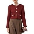 thumbnail image 1 of INSPIRE CHIC Women's Tweed Short Jacket Collarless Button Down Long Sleeve Work Office Cropped Blazer S Dark Red, 1 of 5