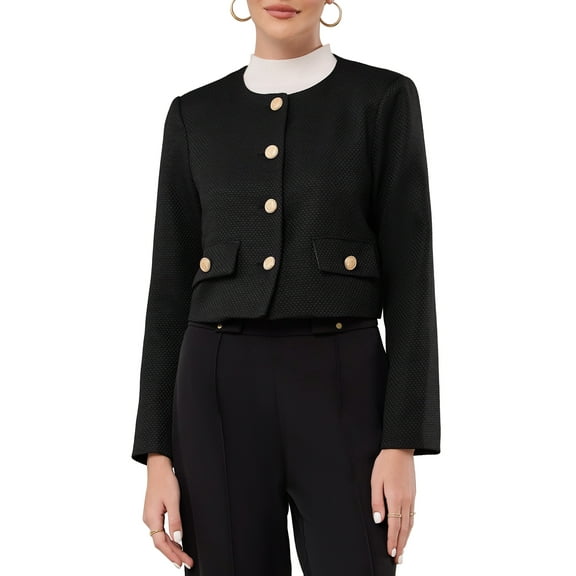 INSPIRE CHIC Women's Tweed Short Jacket Collarless Button Down Long Sleeve Work Office Cropped Blazer XL Black