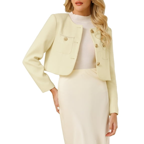 INSPIRE CHIC Women's Tweed Short Jacket Crewneck Button Down Long Sleeve Work Office Cropped Blazer 2XL Beige